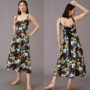 Maeve Anthropologie Marigold Floral Print Jacquard Fit and Flare Midi Dress